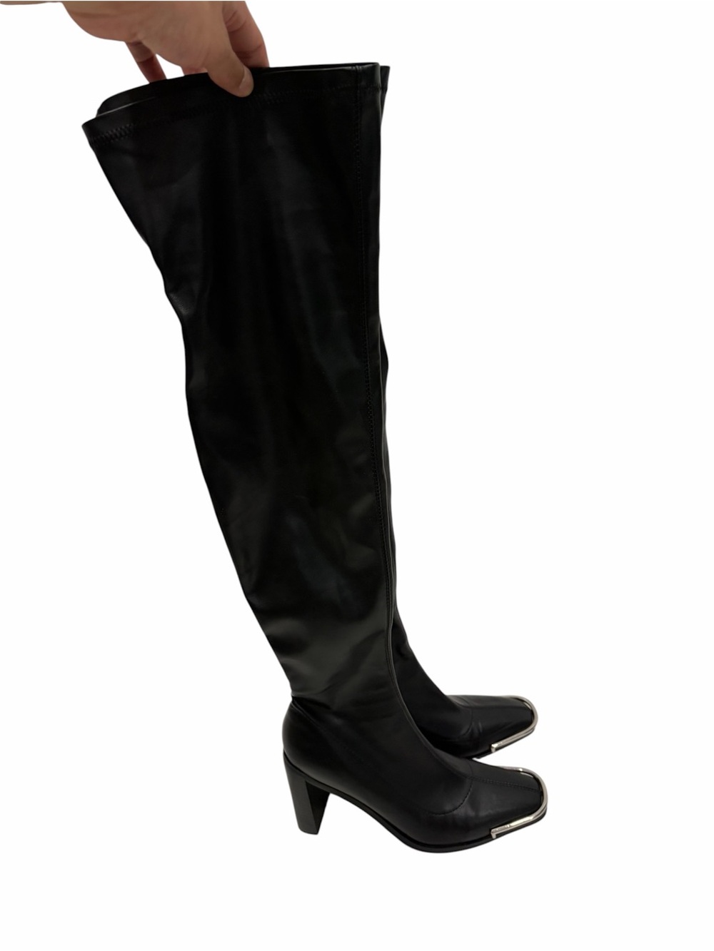 Azalea Wang Over-the-Knee Heeled Boots with Metal Toe Accent